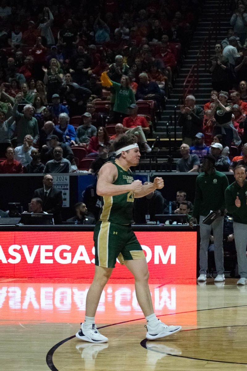 CSU guard Joe Palmer celebrates in the final seconds of the CSU vs. Nevada game during the Mountain West Mens Basketball Championships on March 14. Colorado State won 85-78.