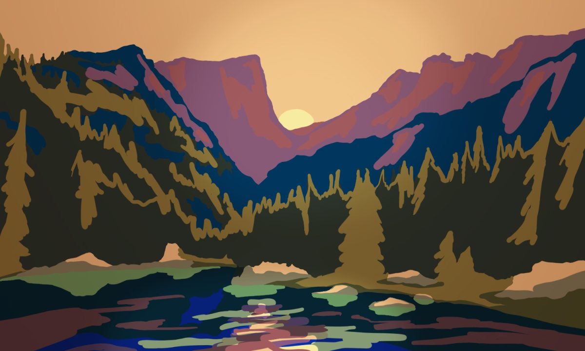 A graphic illustration with several cutouts of different colors showing the sun setting behind the mountains with a lake and forest in the foreground.