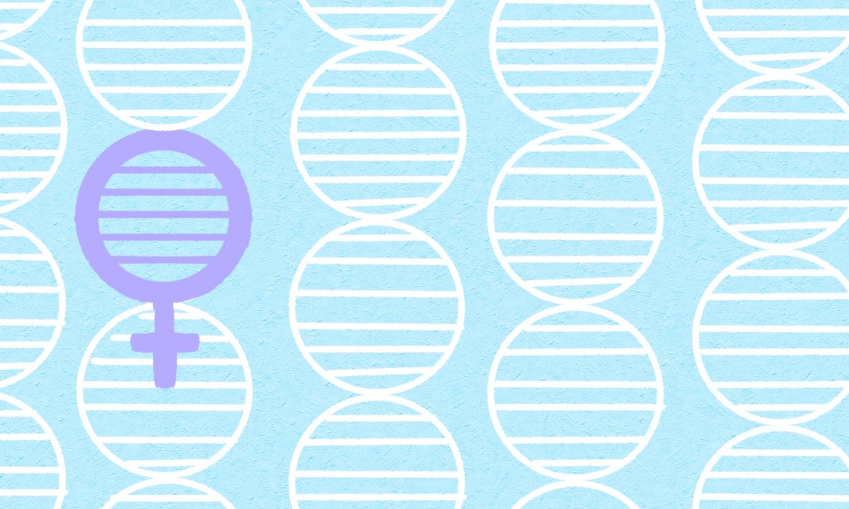 A graphic showing a simplified, round pattern of white DNA strands on a light blue background. One of the circles making up the pattern is a purple female symbol.