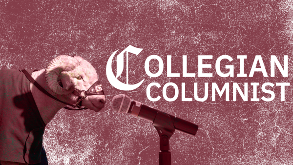 A graphic of CAM the Ram speaking into a microphone to the left of the words, Collegian Columnist.