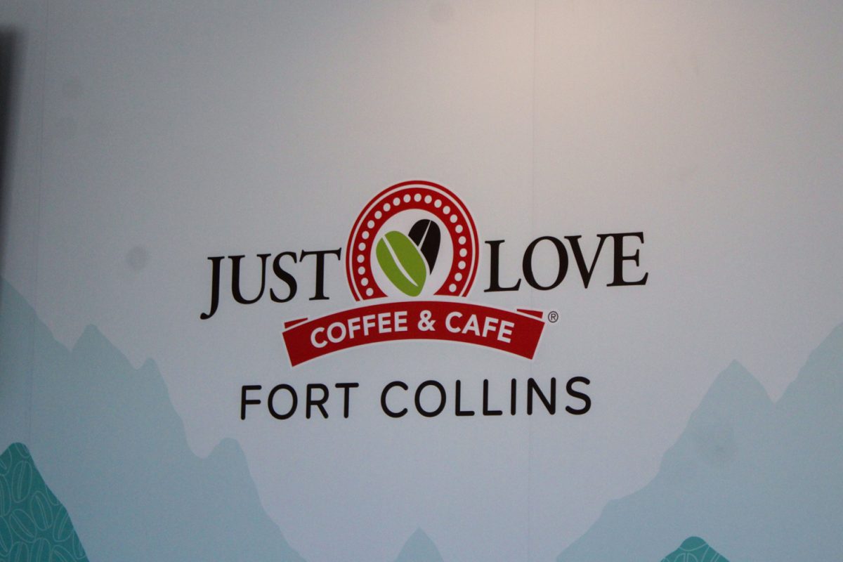 Just Love Coffee Cafe logo painted inside their storefront on the corner of W. Elizabeth Street and City Park Avenue April 3.