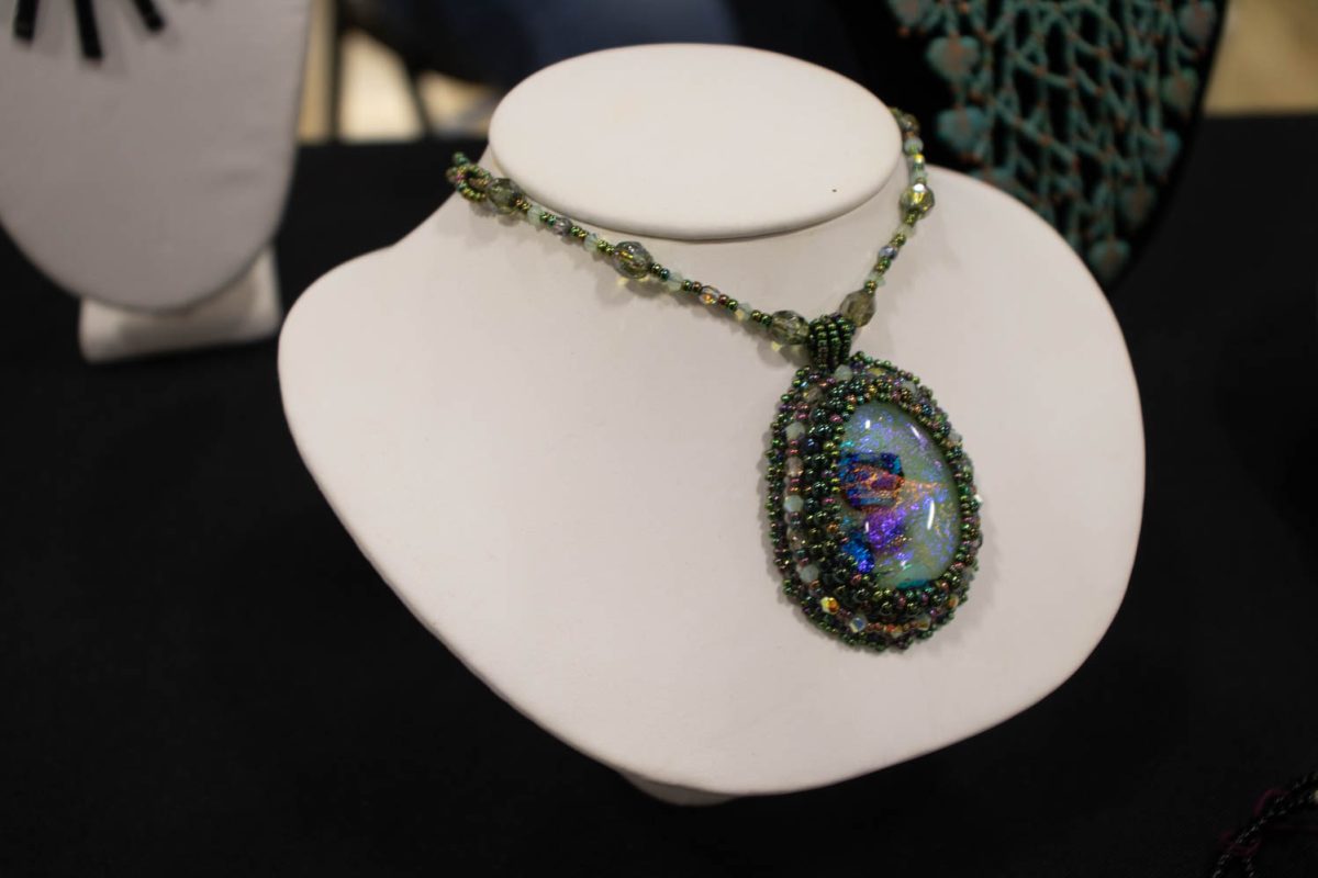 A beaded necklace created by Wanda Sendek sits on display for sale during the Spring Artisan Market at Fort Collins Senior Center April 13.