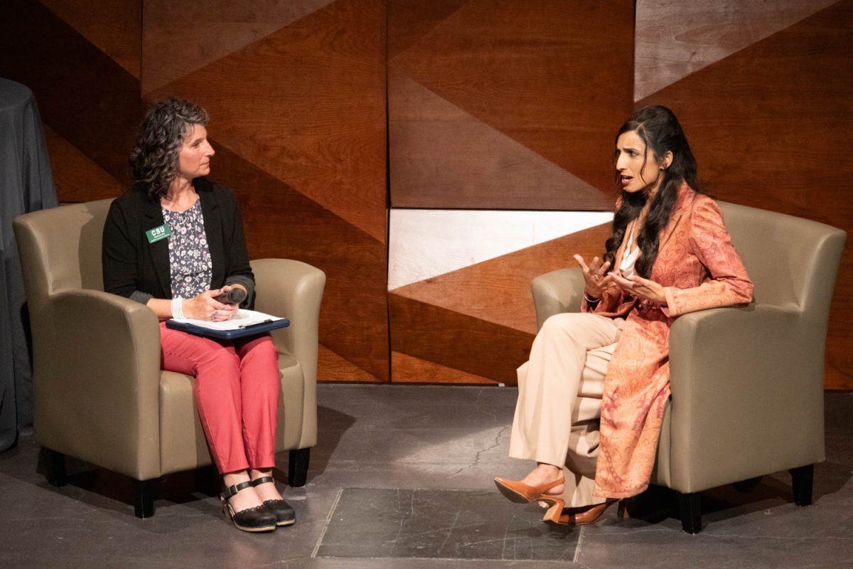 Valarie Kaur and Elizabeth Sink engage in a question-and-answer session following Kaur's presentation of "Building Bridges with 'Revolutionary Love" at the Lory Student Center Theater April 16.