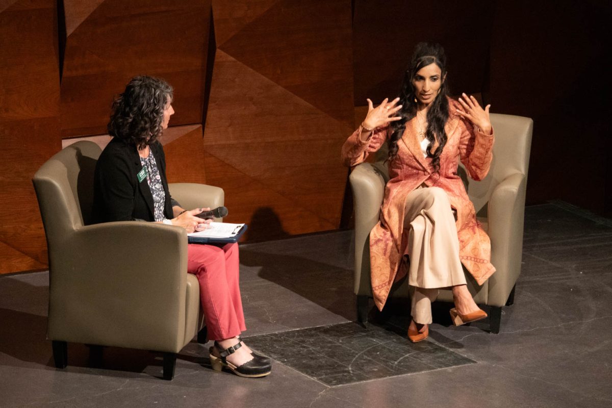 Valarie Kaur and Elizabeth Sink engage in a question-and-answer session following Kaur's presentation of "Building Bridges with 'Revolutionary Love" at the Lory Student Center Theater April 16.