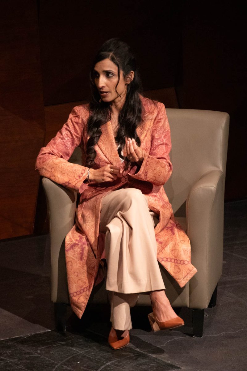 Valarie Kaur answers questions following her presentation of "Building Bridges with 'Revolutionary Love" at the Lory Student Center Theater April 16.