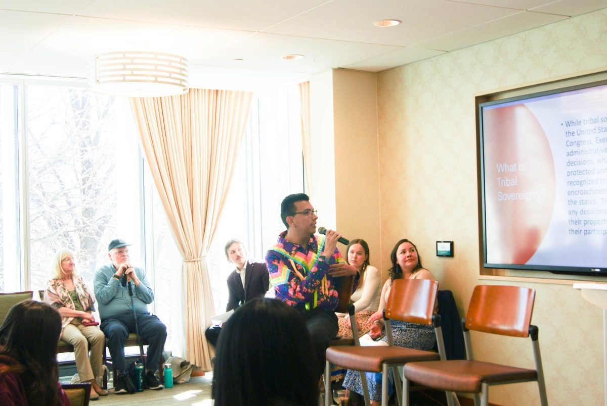 Speaker Jordan Dresser discusses the nuances of tribal sovereignty at CSU Democracy Summit Event centered around Indigenous Governance Traditions. 