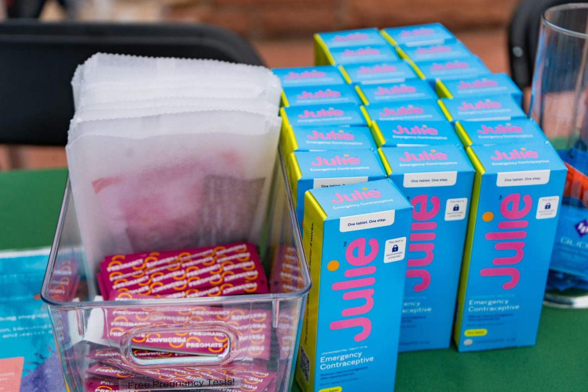 Boxes of emergency contraceptives being handed out for free by the Associated Students of Colorado State University on the Lory Student Center Plaza Wednesday, April 24.
