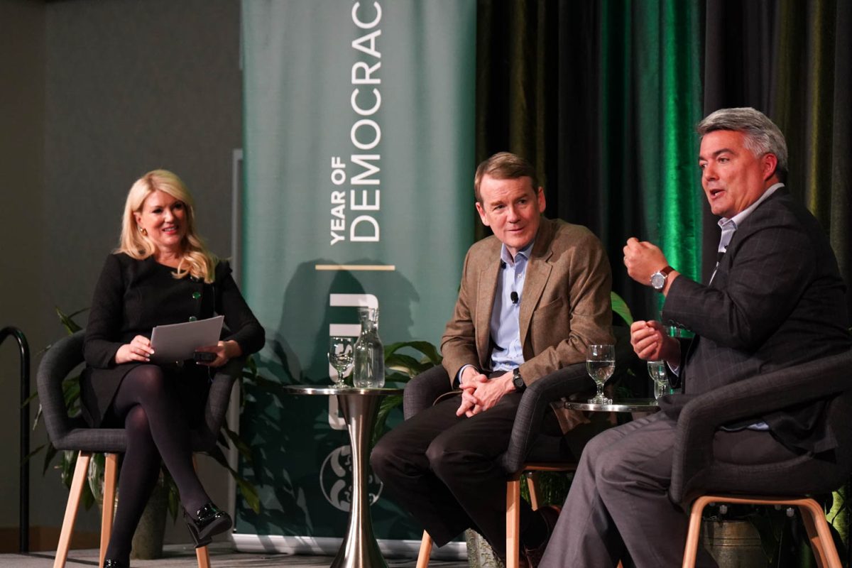 Senator Michael Bennet and former Senator Cory Gardner speak at the Colorado State University event Building Bridges: Bipartisan Perspectives on Democracy, moderated by CSU President Amy Parsons April 22.