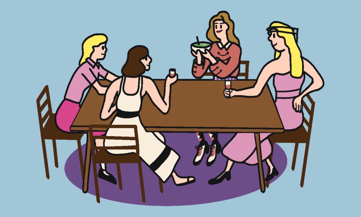 An illustration of four women sitting around a table with little drinks.