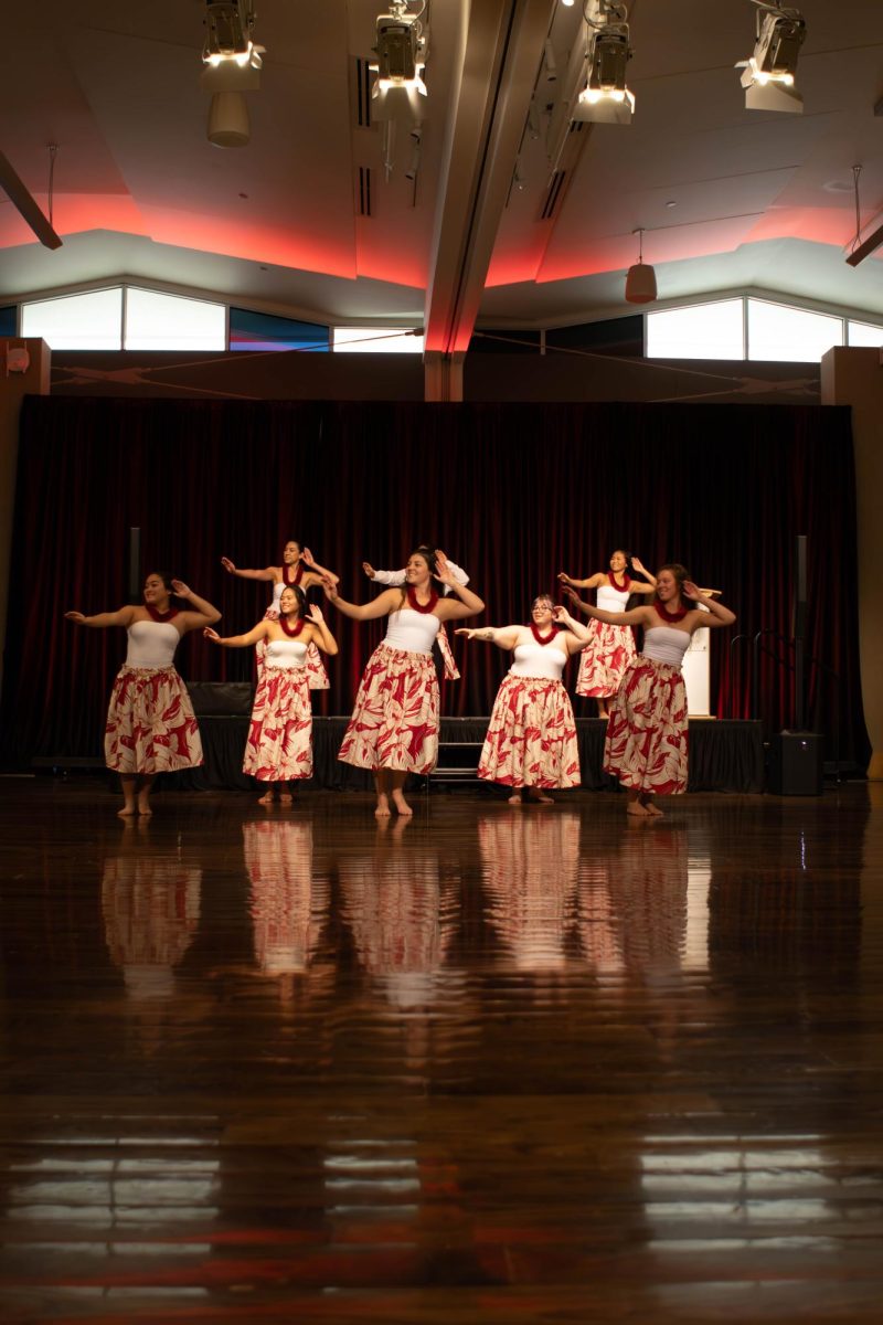 Colorado State University student dancers Leilani hardin, Nani Tomich, Auli'i Anuenue medeiros, Chloe Delos Santos, Nikki Fujii, Zoe Carvalho, Jadie Chong, and Rease Chong dance the Lahainaluna at the Asian Pacific American Cultural Center's 40th birthday lūʻau. Apr. 20.