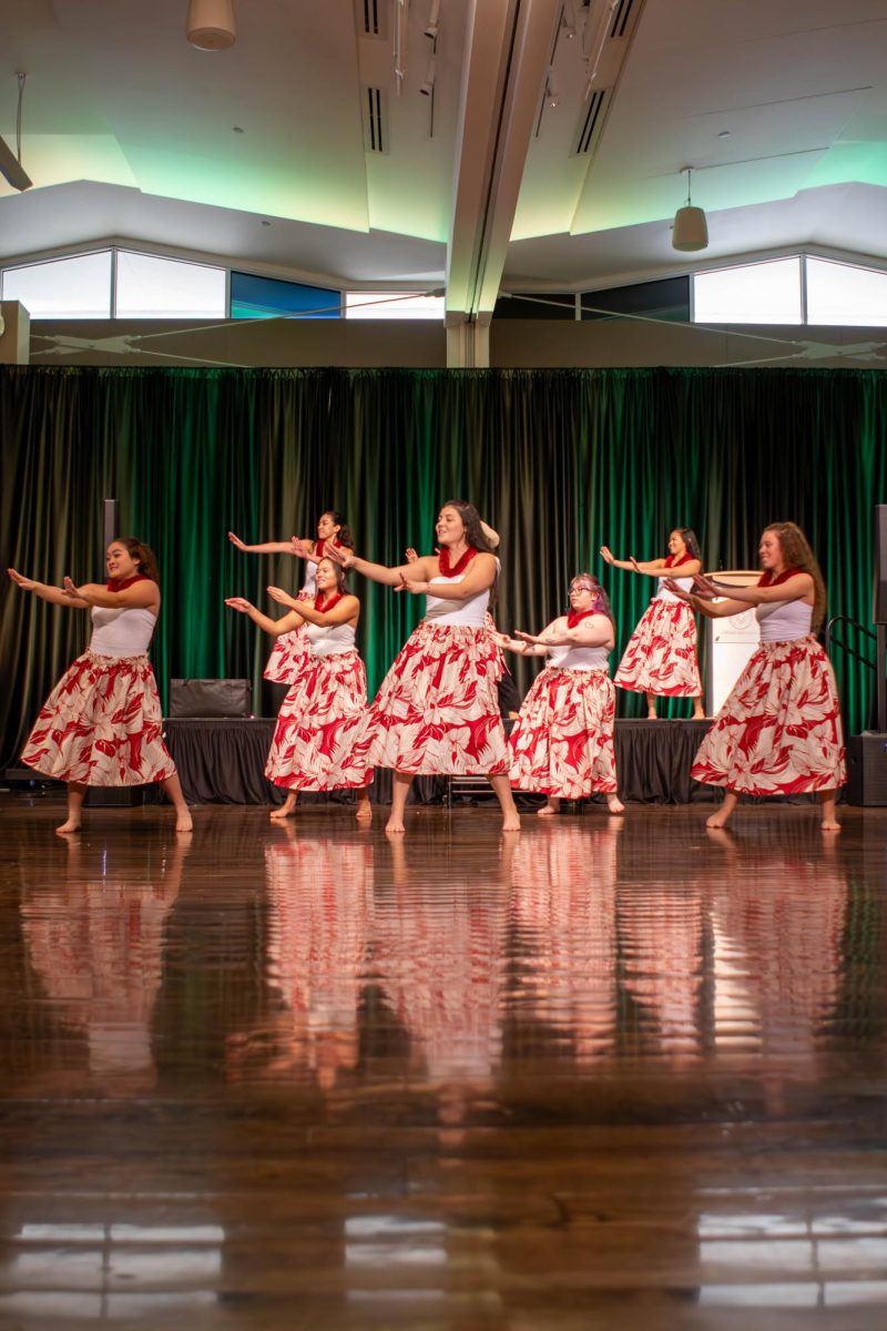 Colorado State University student dancers Leilani hardin, Nani Tomich, Auli'i Anuenue medeiros, Chloe Delos Santos, Nikki Fujii, Zoe Carvalho, Jadie Chong, and Rease Chong dance the 'Ulupalakua at the Asian Pacific American Cultural Center's 40th birthday lūʻau. Apr. 20.