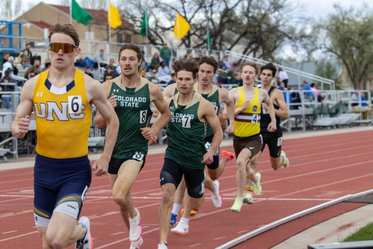 Colorado State University athletes run in the men's 800 meter race. Apr. 28.