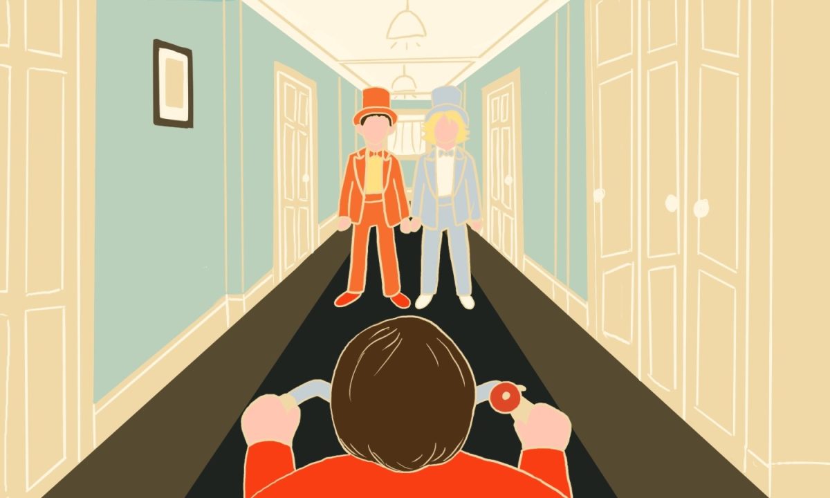 An illustration of a hallway, viewed from behind the head of a child on a bike looking at two people standing farther down the hallway. The two people both wear a suit and top hat, one set in orange and the other light blue.