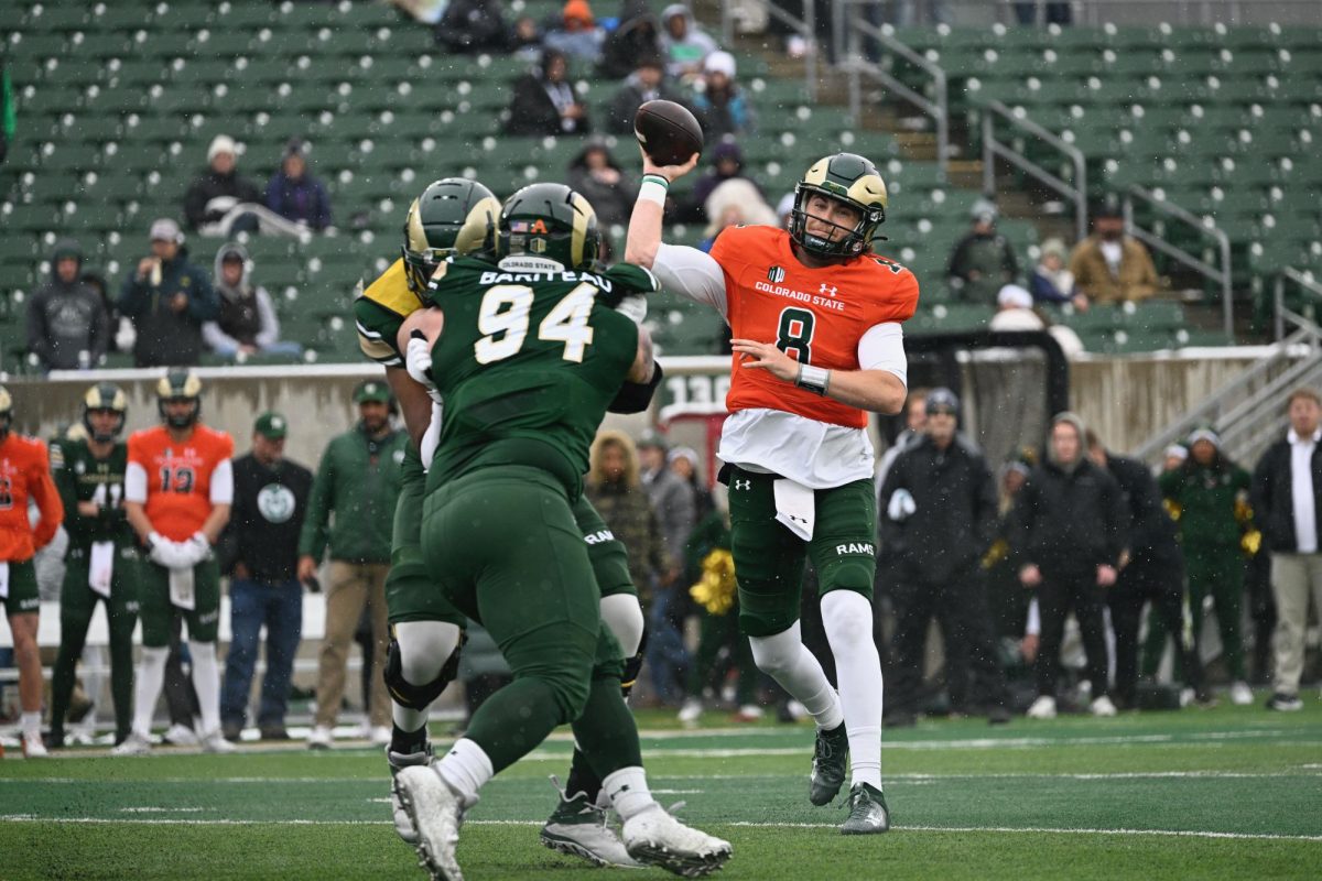 Quarterback Jackson Brousseau passes to a wide receiver in the first quarter of the Colorado State University football Green vs. Gold game at Canvas Stadium April 20.