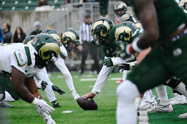 Colorado State University football players face off at the line of scrimmage during the second half of the CSU Green vs. Gold game at Canvas Stadium April 20. 