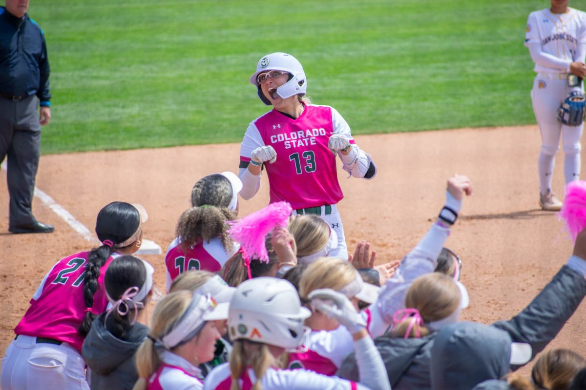 Colorado+State+University+outfielder+Hailey+Smith+celebrates+a+home+run+with+her+team+during+the+Rams+doubleheader+against+San+Jose+State+University+at+the+CSU+Softball+Complex+April+21.+The+Rams+won+both+games%2C+16-0+and+14-0.