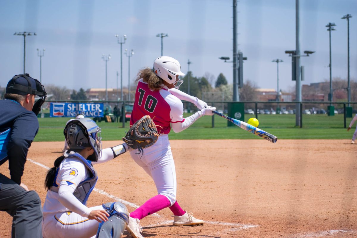 Colorado State University infielder Jailey Wilson hits a pitch against San Jose State University on April 21 at the CSU Softball Complex. The Rams won both games 16-0 and 14-0 respectively.