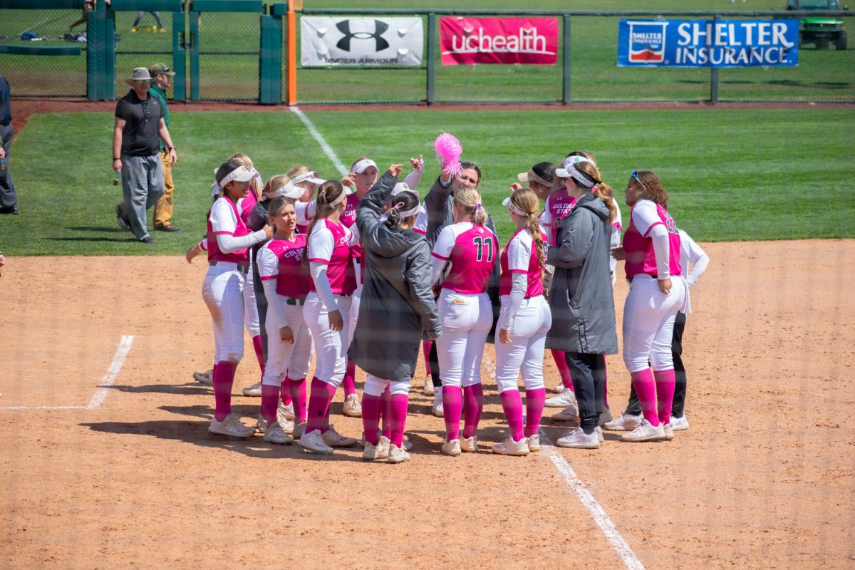 The Colorado State University softball team stands in a circle after defeating San Jose State University in a double header on April 21 at the CSU Softball Complex. The Rams won both games 16-0 and 14-0 respectively.