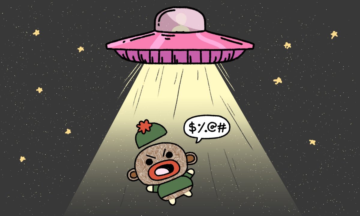 An illustration of a small sock monkey with a speech bubble of a swear word being sucked up into an alien spaceship.