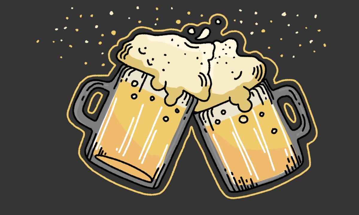 An illustration of two mugs of beer, overfilled with bubbles, clinking against each other.