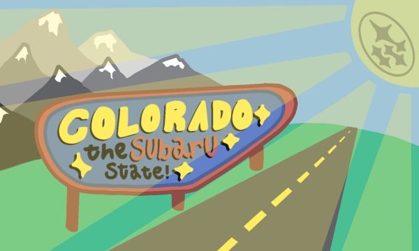 An illustration of a roadside sign reading, Colorado: the Subaru State, with mountains in the background and the sun shining down from the top right corner.