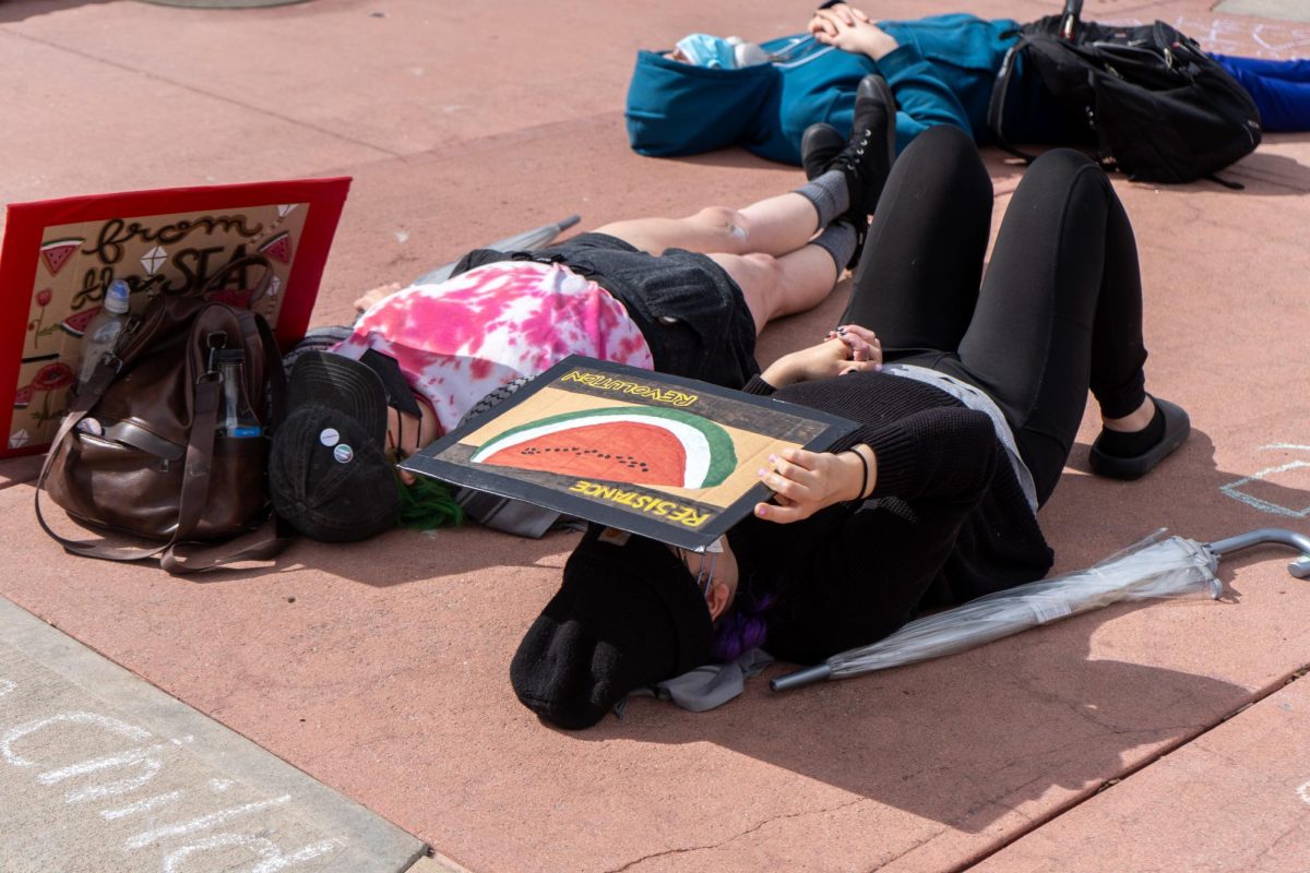 Protestors gather outside the Lory Student Center Plaza during a Students for Justice in Palestine protest on May 1. The protest included chanting and marching in support of Palestine.The protest included a die-in demonstration. 