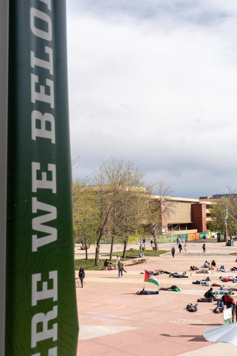 Protestors gather outside the Lory Student Center Plaza during a Students for Justice in Palestine protest on May 1. The protest included chanting and marching in support of Palestine.