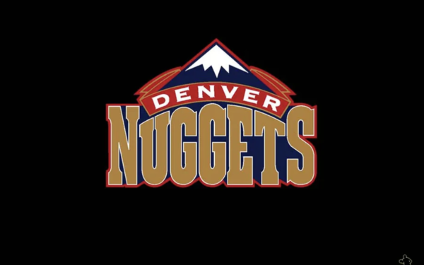 On a black background, the Denver Nuggets logo: A graphic of a mountain in white and blue, on top of the word Denver in white text on a red banner, on top of the word Nugget written in large gold 3D letters.