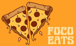 An orange illustration with two slices of pepperoni pizza next to the words, FoCo Eats.