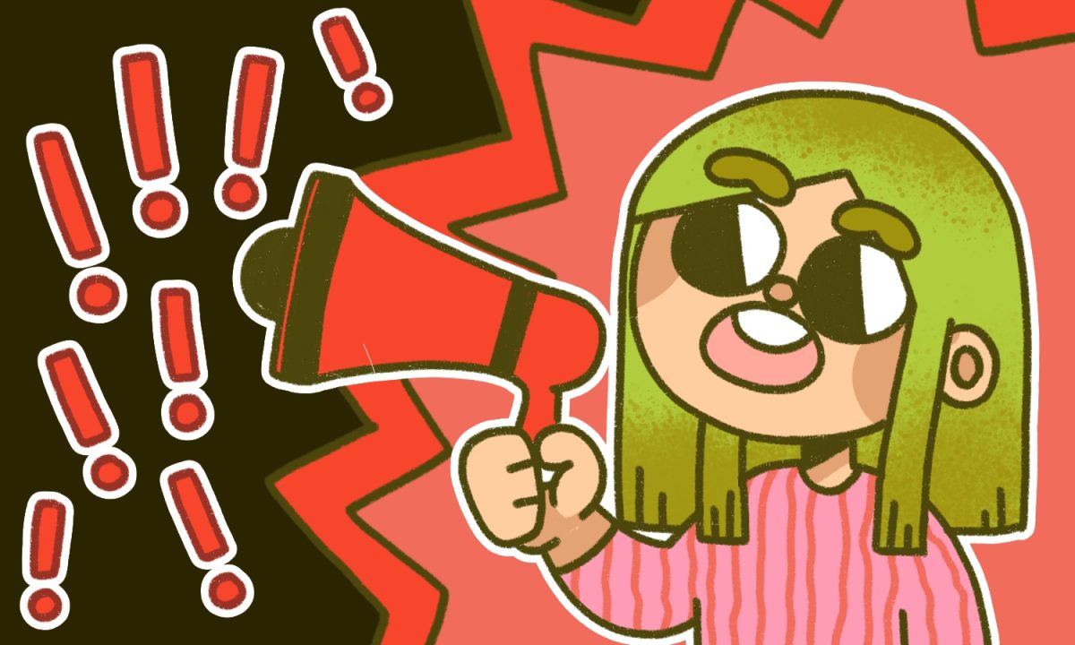 An illustration of a girl with green hair speaking into a red megaphone with exclamation points coming out of it.