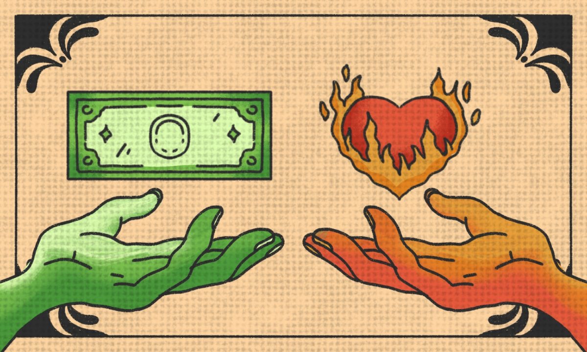 An illustration with two hands, a green one on the left holding a dollar and a red one on the right holding a flaming heart.