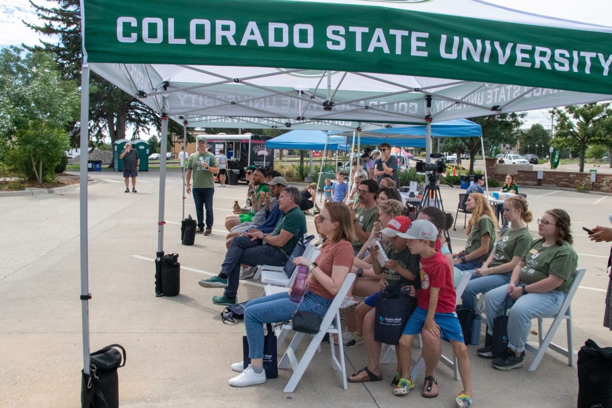 People sit in 3 rows on chairs underneath tents.