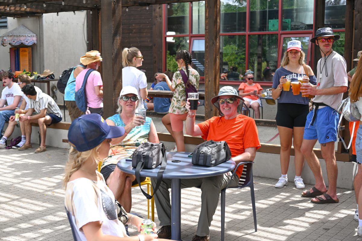 Tanie Meadows (L) and Rob Meadows (R) enjoy a beer in the West Bar During this years Tour De Fat on August 24, 2024.