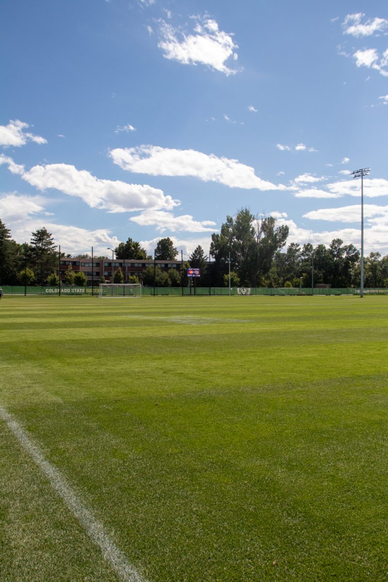 An empty soccer field.