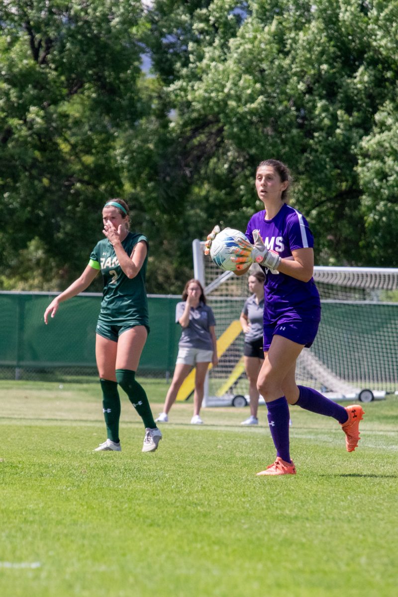 A soccer goaltender prepares to throw the ball.