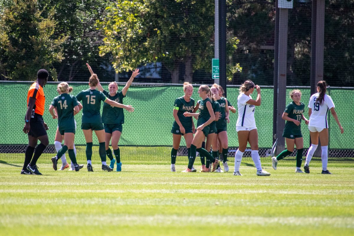 Soccer players celebrate after scoring a goal.
