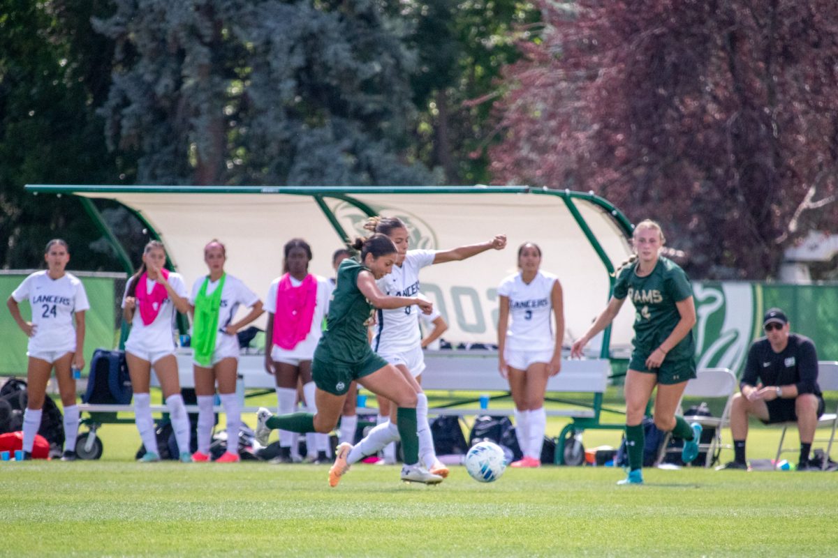 Two soccer players fight for the ball.
