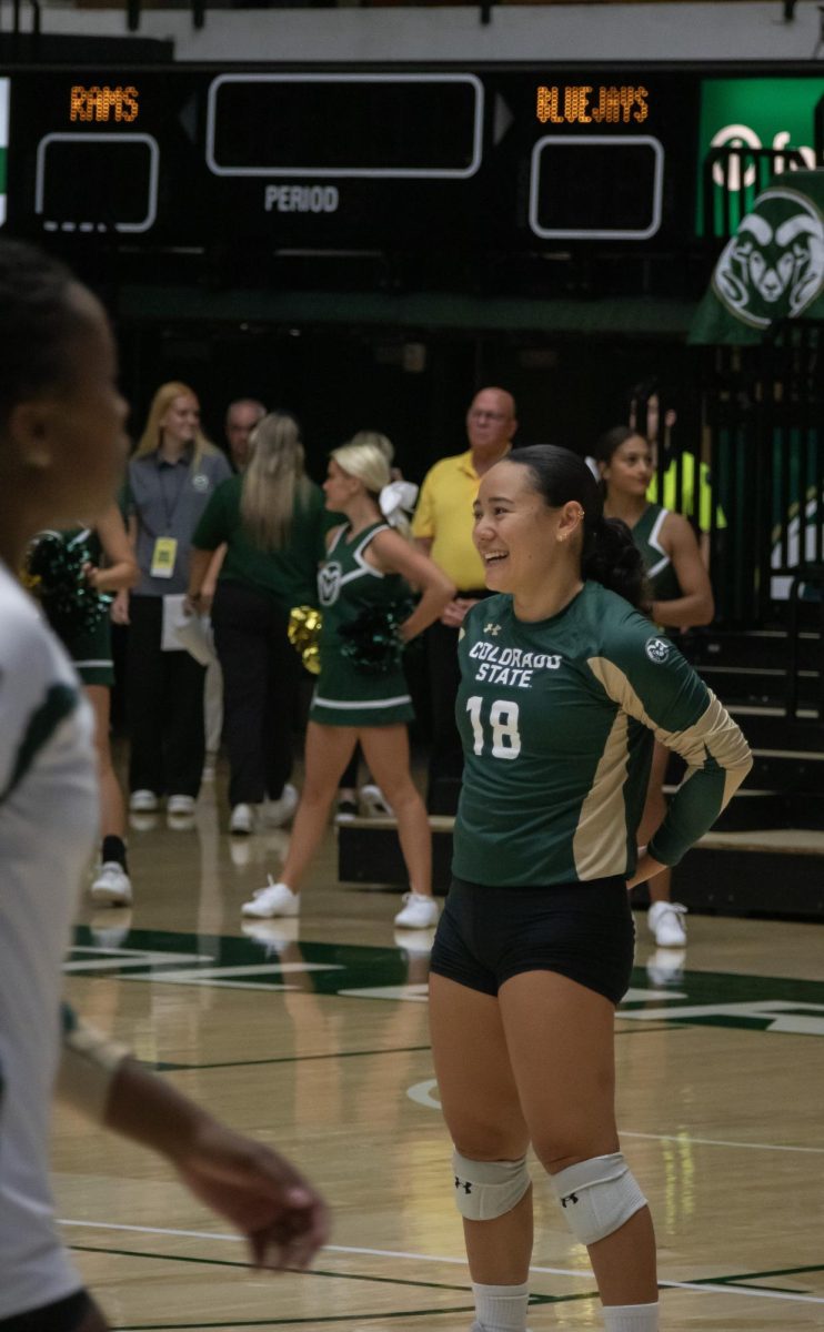 Kate Yoshmimoto (18) warming up before the Colorado State University Women's Volleyball game vs Creighton University on August 24. 