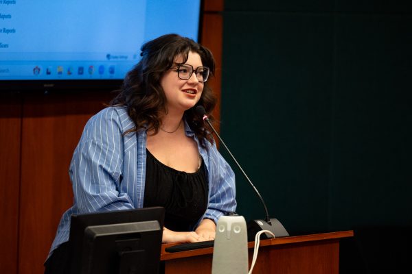 Chief Justice Morgan Wright stands at a speaking podium.