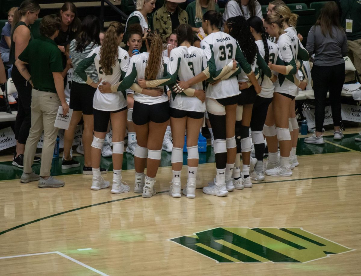 Colorado State Women's Volleyball Team huddles up during a time out called by CSU. The Colorado State Women's Volleyball Team played opponent Creighton University on August 24. 