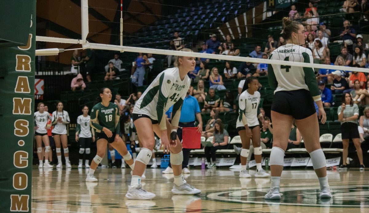 The Colorado State Women's Volleyball Team gets ready for the serve from opponent Creighton University on August 24.