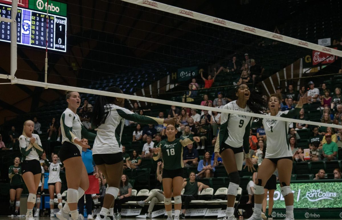 The Colorado State Women's Volleyball Team's reaction to a winning a point and an unfortunate collision of two players from  opponent, Creighton University. 