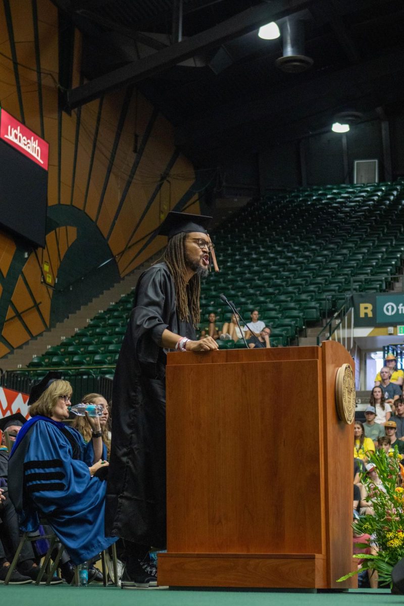 Stephen Brackett, Colorado State Alumni 2006 speaks at the class of 2028 Convocation. Brackett serves as the Colorado Music Ambassador. Aug. 16.