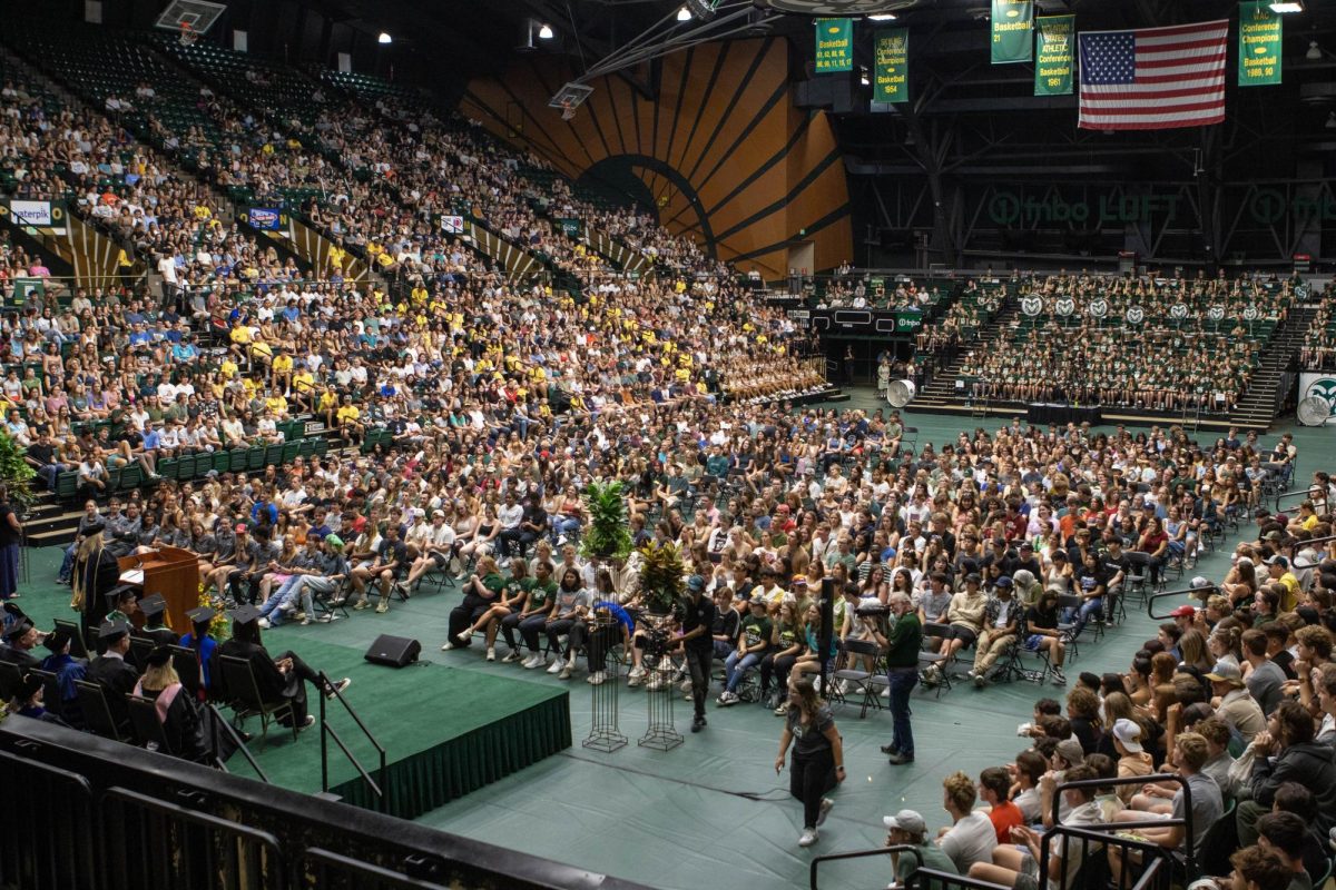 The Colorado State University Class of 2028 listens to CSU President Amy Parsons speak at Convocation in Moby Arena. Aug. 16.