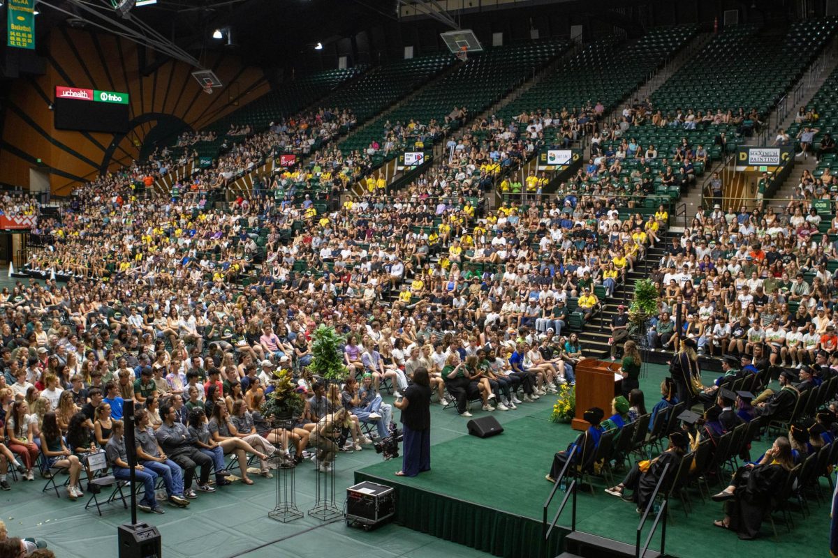The Colorado State University class of 2028 sit together with their colleges while they listen to a variety of speakers at Convocation in Moby Arena. Aug. 16.