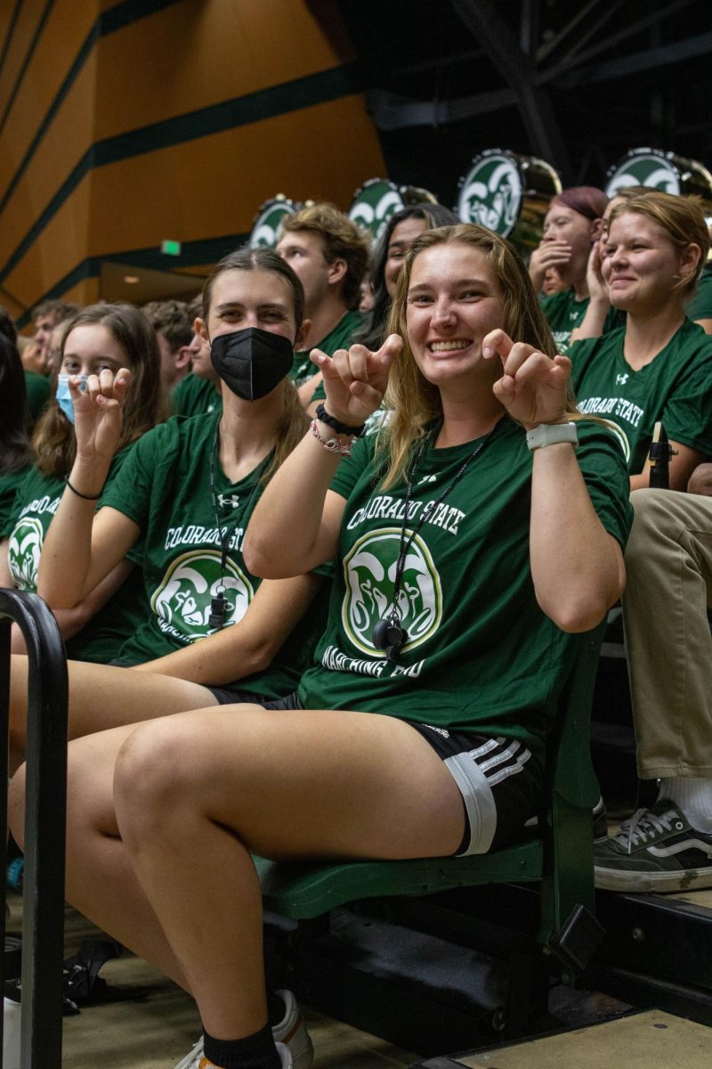 The Colorado State University marching band's drum majors pose with school spirit at convocation. Aug. 16.