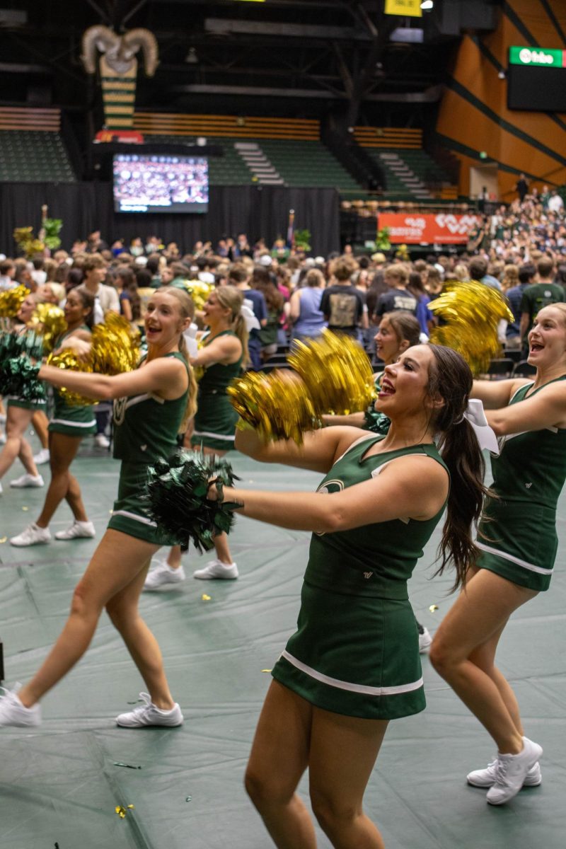 Colorado State University cheerleaders get the class of 2028 on their feet and full of spirit at convocation in Moby Arena. Aug. 16.