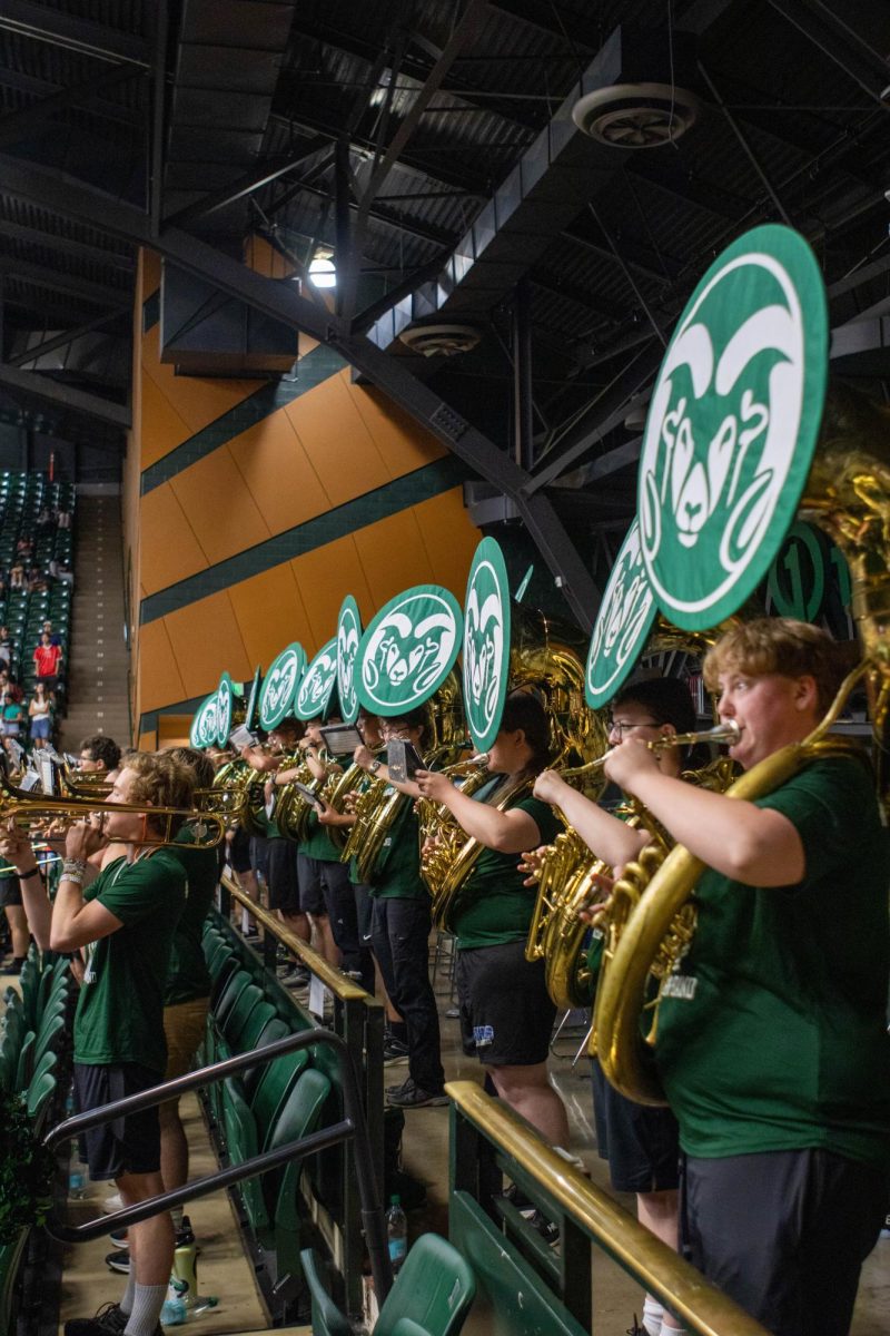 Colorado State University marching band's tuba section plays music to close the convocation ceremony. Aug. 16.