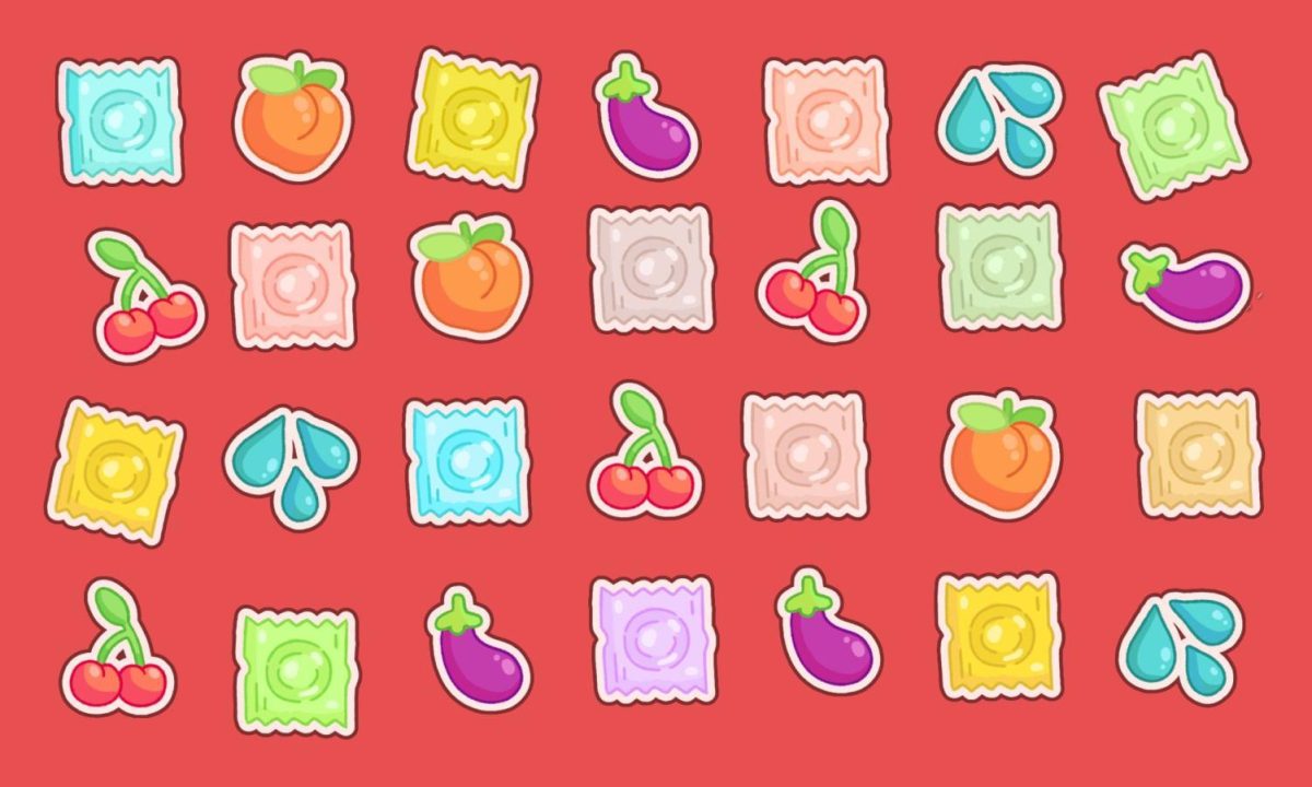 A graphic with colorful condoms and fruits on a red background.