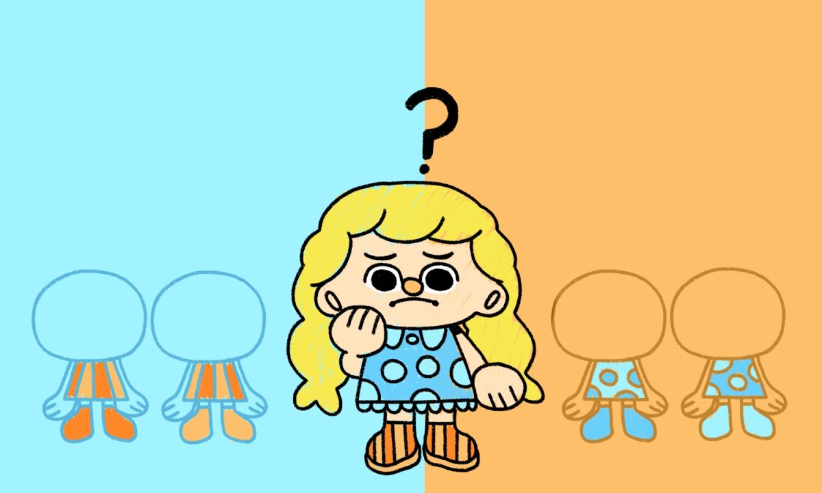 An illustration of a girl standing in the foreground with a question mark above her forehead and a frown on her face. To each of her sides in the background are two small transparent figures.